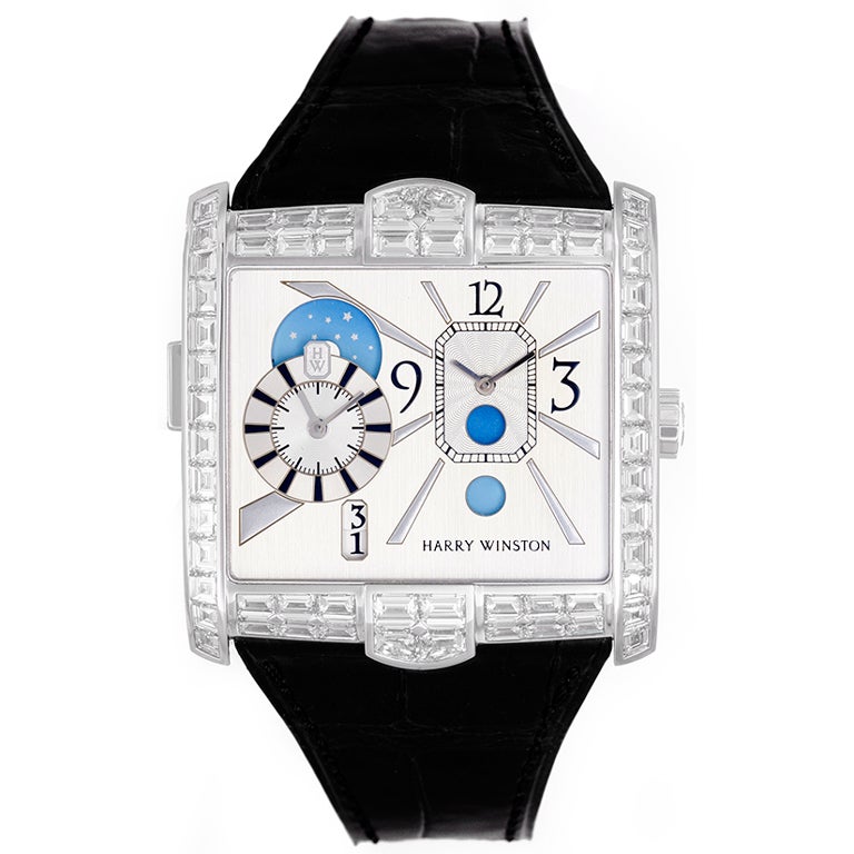 Harry Winston White Gold, Diamond Avenue Squared A2 Dual Time