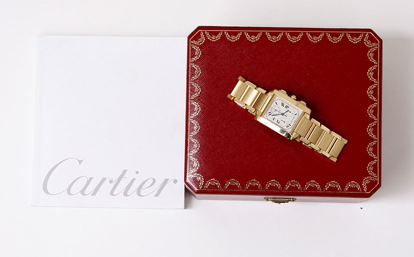 Cartier Yellow Gold Tank Francaise Chronograph Wristwatch In Excellent Condition In Dallas, TX