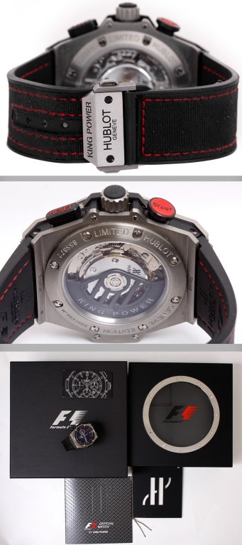 Hublot Big Bang King Power Formula F1 zirconium chronograph wristwatch, Ref. 703.ZM.1123.NR.FM010, with automatic movement. Zirconium case with exposition back (48mm diameter). Multilayered black dial, hour, minute and seconds recorders, F1 logo at