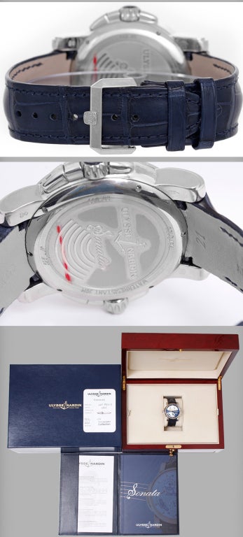 Ulysse Nardin Sonata Dual Time 18k white gold wristwatch, REf. 660-88/213, with automatic movement, date, dual time, alarm, count down. 18k white gold case with solid back (42mm diameter). Blue dial with silvered Cote de Geneve sections; yellow