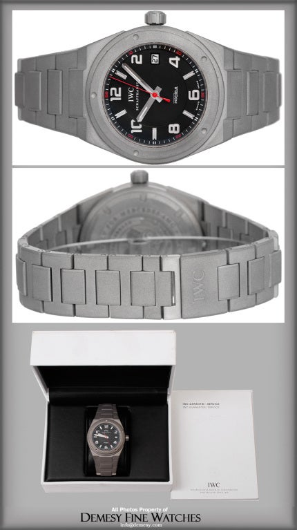 IWC Ingenieur Mercedes AMG Titanium automatic wristwatch, Ref. IW322702, with automatic movement and date. Titanium case (42mm diameter). Black dial with luminous Arabic numerals alternating with baton markers. Titanium bracelet with deployant clasp