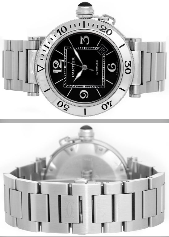 Cartier stainless steel Pasha Seatimer wristwatch, 41mm, Ref. W31077M7, with  automatic movement. Stainless steel case with unidirectional rotating bezel (41mm diameter). Black dial with Arabic numerals, date between 4 and 5 o'clock. Stainless steel