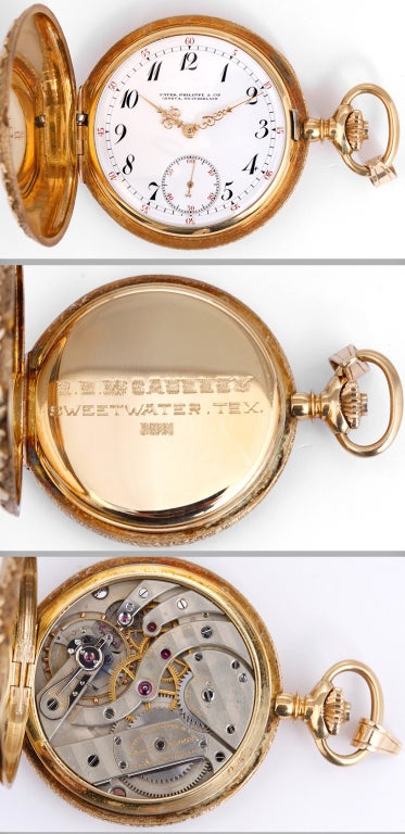 Rare Patek Philippe 18k yellow gold pocket watch with unusual high relief hunting case, manual-wind movement, 20 jewels, movement signed Patek Philippe & Co. Unusual 18k yellow gold ornately engraved high relief contract hunting case for Patek