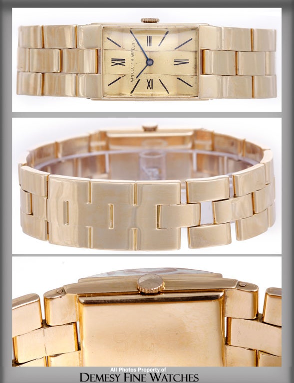Van Cleef & Arpels 18k yellow gold bracelet watch with manual-wind movement. 18k yellow gold case (19mm x 36mm). Champagne woven-style dial with black Roman numerals and baton markers. 18k yellow gold bracelet with deployant clasp (will fit apx.