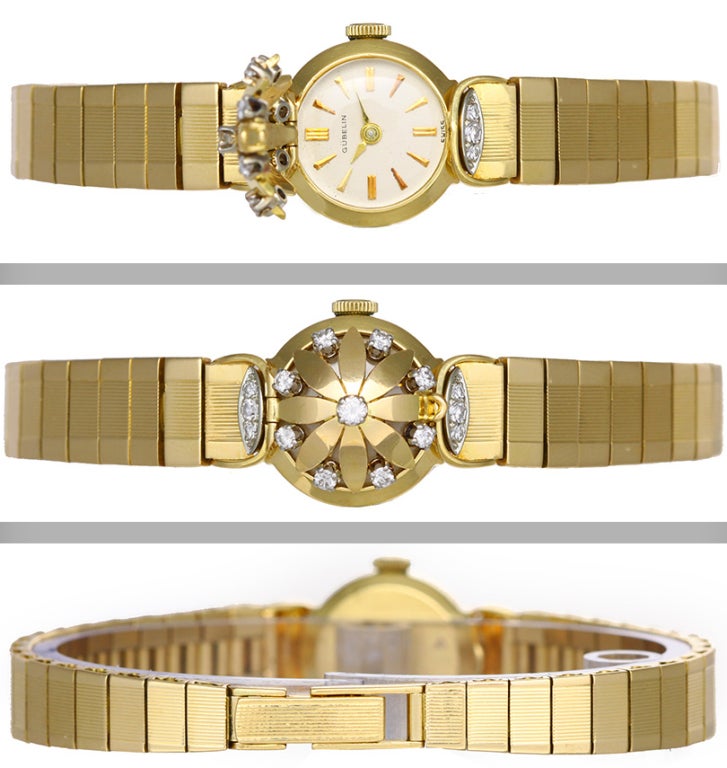Gubelin lady's 18k yellow gold and diamond bracelet watch with concealed dial and manual-wind movement. 18k yellow gold case with flower-petal-shaped cover over dial. Silvered dial with gild markers. 18k yellow gold bracelet (will fit 6-3/4-in.