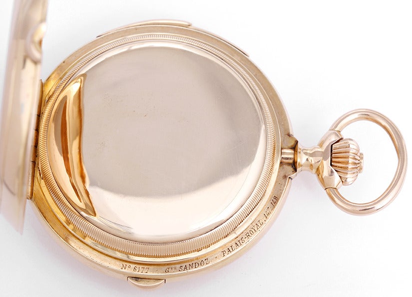 Gustave Sandoz Yellow Gold Triple Calendar Minute Repeater Pocket Watch In Excellent Condition In Dallas, TX