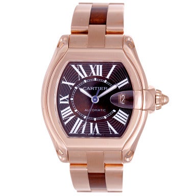 Cartier Rose Gold Roadster Wristwatch with Burlwood Dial Bracelet Links