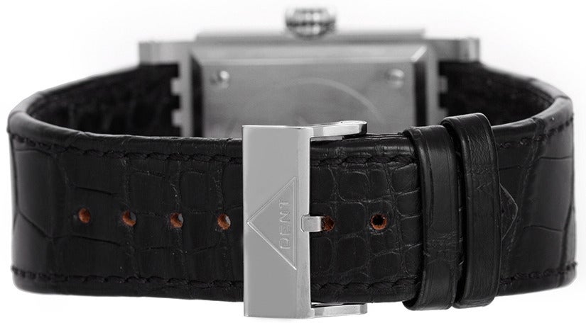Dent London Parliament large 18k white gold wristwatch, Ref. 01-001-H37, automatic movement. 18k white gold case (38mm x 50mm), black dial with white Roman numerals, date at 6 o'clock. Black alligator strap with 18k white gold Dent buckle. Pre-owned