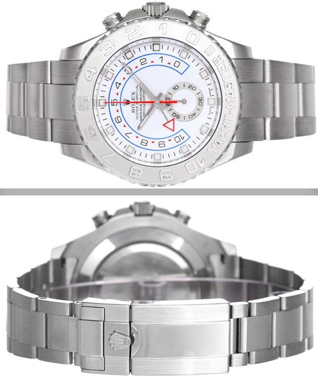 Rolex 18k White Gold Yacht-Master II Regatta Wristwatch, Ref. 116689, with automatic movement and sapphire crystal. 18k white gold bezel (44mm diameter). White dial with luminous markers, gold rimmed seconds subdial, seconds recorder, regatta