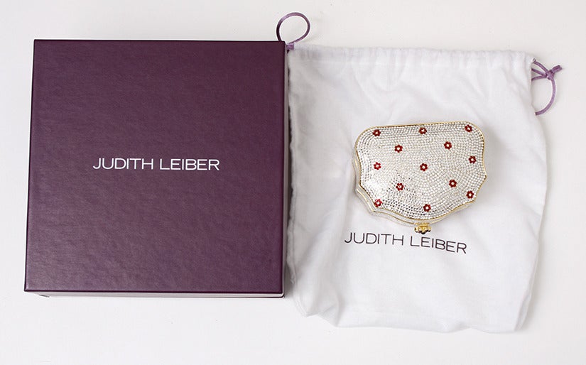 Women's Judith Lieber White Crystal with small red flowers clutch or crossbody handbag