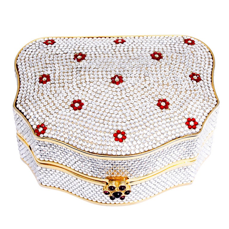 Judith Lieber White Crystal with small red flowers clutch or crossbody handbag