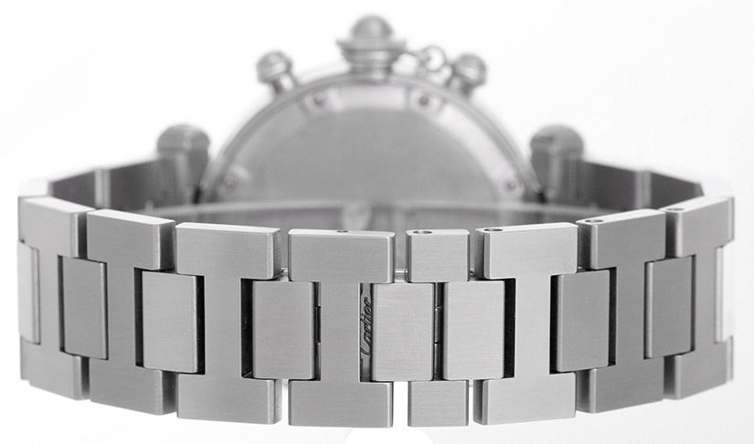 Cartier stainless steel Pasha automatic chronograph wristwatch,  Ref. W31048M7. Stainless steel case (36mm diameter). Silvered dial with black subdials featuring hour, minute and seconds recorders, date between 4 and 5 o'clock. Stainless steel Pasha