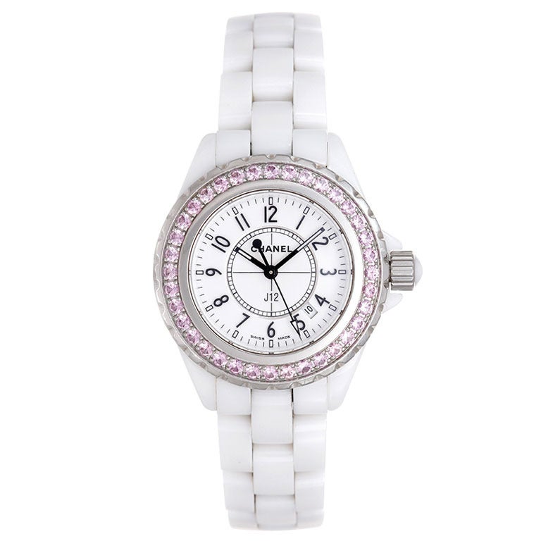 Chanel Lady's White Ceramic and Pink Sapphire J12 Wristwatch