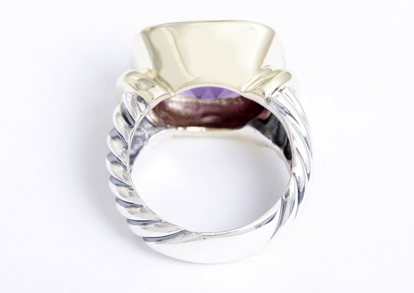 Large David Yurman Purple Amethyst Noblesse Silver 14K Gold Ring - This beautiful David Yurman ring from Noblesse collection features a large 14mm x 11mm vivid purple color, checkerboard cut,  Amethyst set in 14k yellow gold. The sterling silver