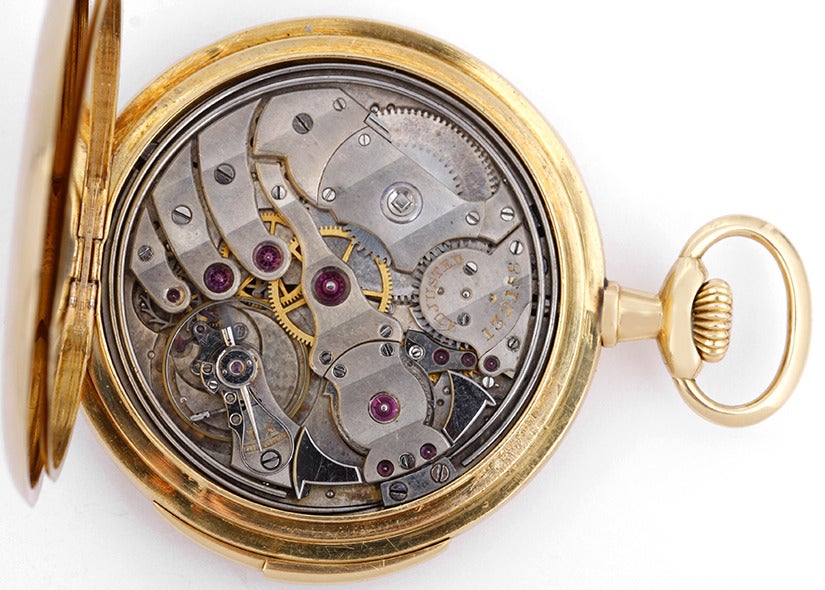 Minute Repeating Pocket Watch Retailed by Tiffany & Co., 18k Yellow Gold, manual-wind movement, minute repeater. 18k yellow gold open face (46mm diameter). White enamel dial with black Breguet numerals, circa 1910s