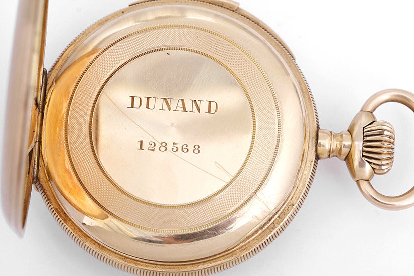 Dunand Yellow Gold Quarter Repeating Open Face Pocket Watch In Excellent Condition In Dallas, TX