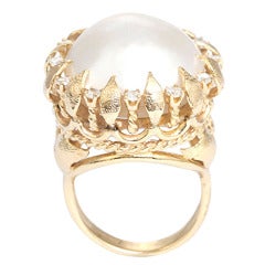 Mabe Pearl Diamond Yellow Gold Ring Size 7.5