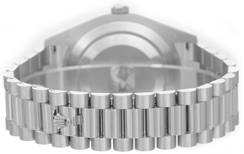 Rolex platinum Day-Date II President wristwatch with glacier blue dial, Ref. 218206, automatic movement with day and date, 31 jewels, sapphire crystal. Platinum case with smooth bezel, 41mm diameter. Glacier blue dial with baton markers. Platinum