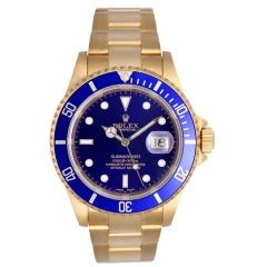 Rolex Yellow Gold Submariner Wristwatch with Blue Dial Ref 16618