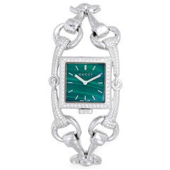 Gucci Lady's White Gold and Diamond Signoria Bracelet Watch with Green Malachite Dial