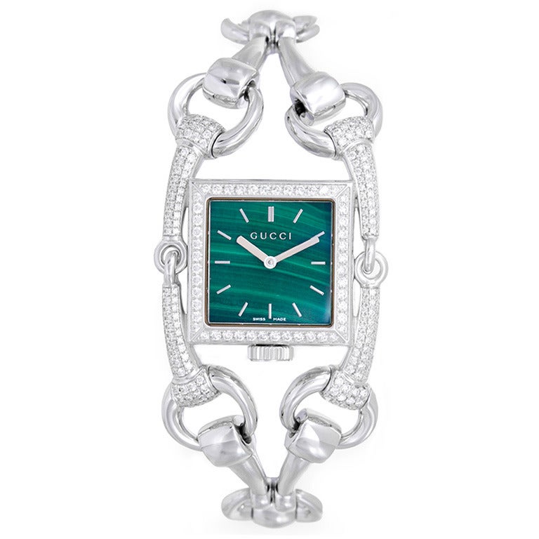 Gucci Lady's White Gold and Diamond Signoria Bracelet Watch with Green Malachite Dial
