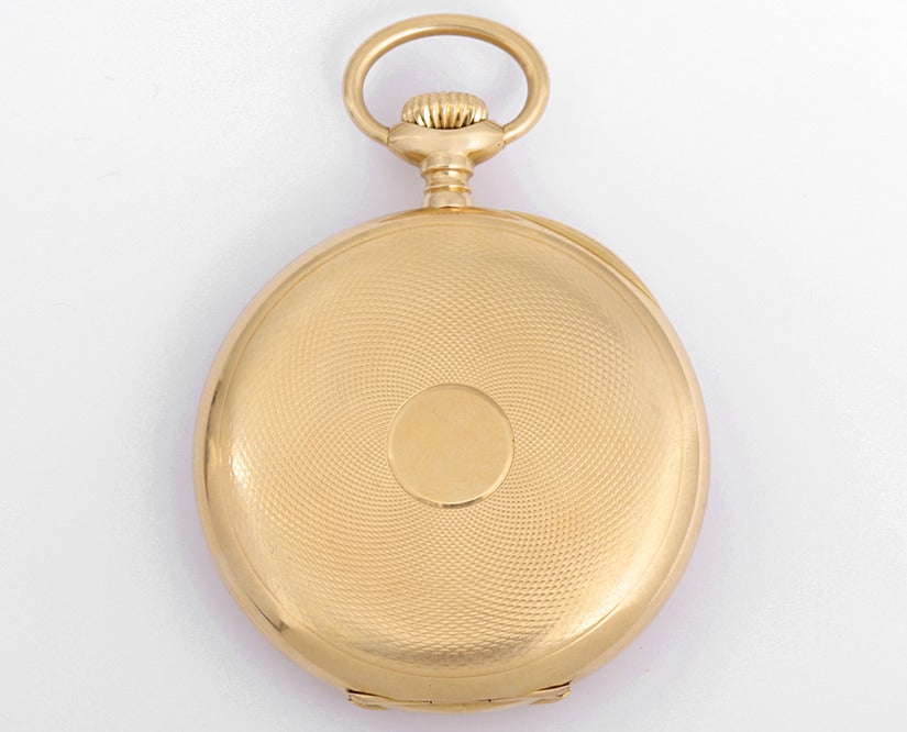 Patek Philippe 18k yellow gold Chonometro Gondolo open face pocket watch, serial number 168824, circa 1912, with guilloche back, 50mm diameter. White dial with black Roman numerals, subsidiary seconds. A very collectible Patek Philippe pocket watch