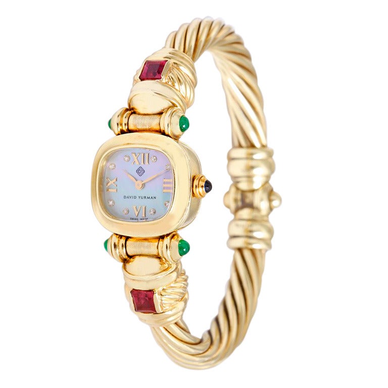 David Yurman Lady's Yellow Gold Tourmaline and Emerald Bangle Watch