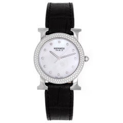 Hermes Lady's Stainless Steel and Diamond Round H Hour Wristwatch