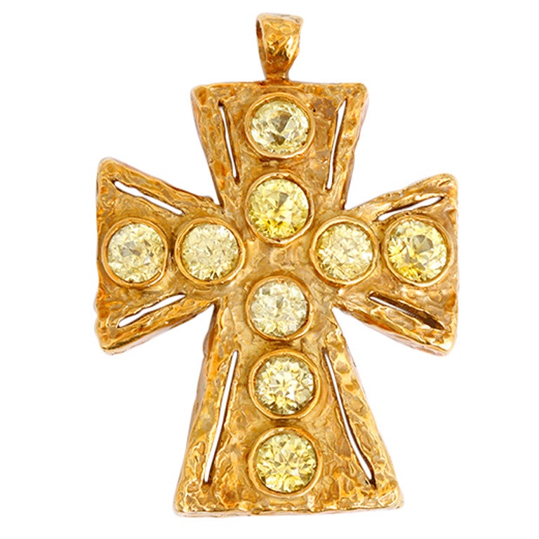 Byzantine Inspired Yellow Gold Cross Pendant with Yellow/Green Peridots