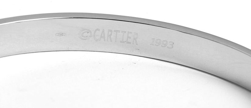Cartier Love Bracelet 18k White Gold Size 17 Box & Screwdriver.This beautiful bracelet is stamped CARTIER 1993, 17, 750  and M33132. This is a great piece for everyday as well as dress. Authenticity guaranteed. Like new condition with no dings or