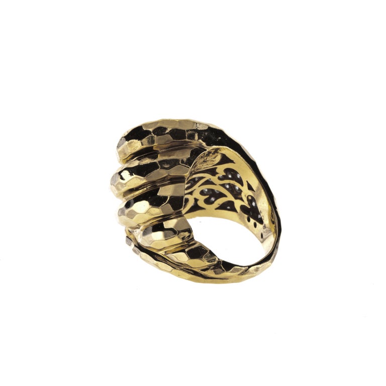 Henry Dunay ring composed of 18K yellow gold with pavé round brilliant-cut diamonds.  The ring features a hammered finish.  There are 99 round brilliant-cut diamonds that total 2.22 carats, F-G color and VVS-VS clarity.  The ring is a size 6 1/2.