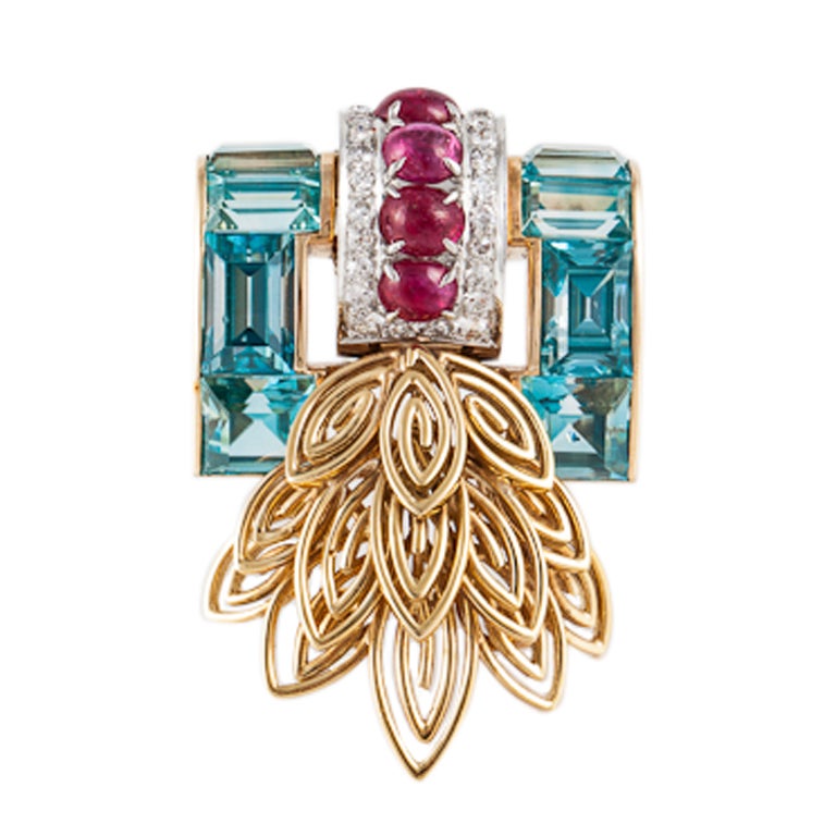 Retro Blue Topaz Ruby and Diamond Brooch in 14K Gold For Sale at 1stDibs