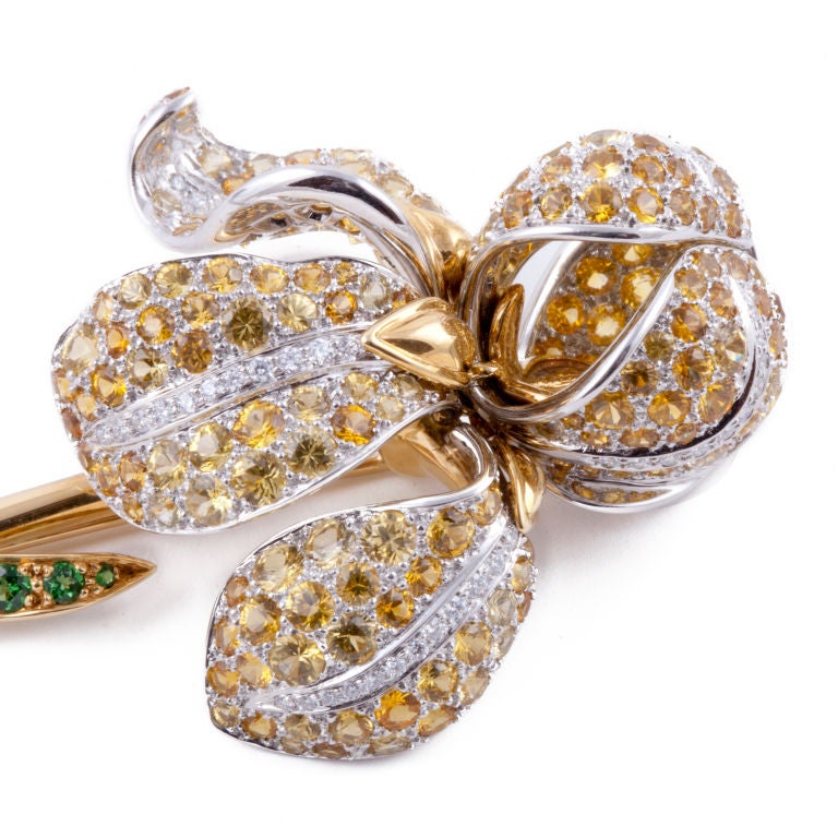 Tiffany & Co. Iris brooch in 18K yellow gold and platinum with diamonds, yellow sapphires, and tsavorite garnets.  The flower has 55 round brilliant cut diamonds that total  0.60 carats,  D-G color and VVS-VS clarity.  The petals are studded with