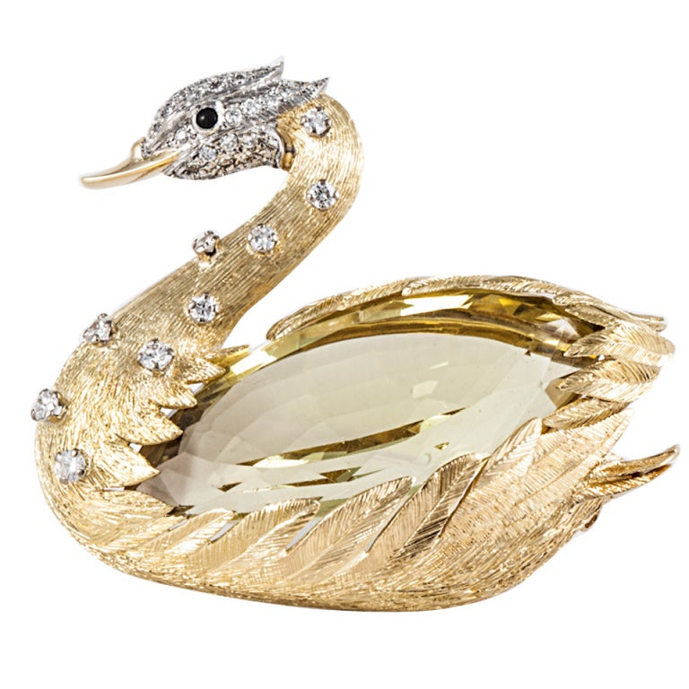 E. Wolfe & Co. Swan Brooch with Citrine in 18K Yellow Gold