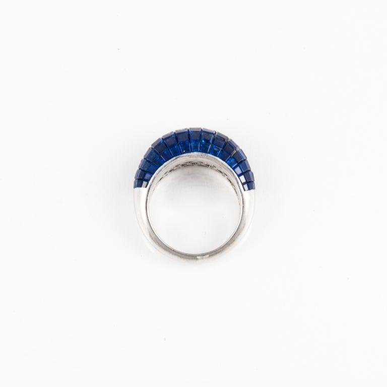 Square Cut Estate Invisible-Set Blue Sapphire Platinum Ring For Sale