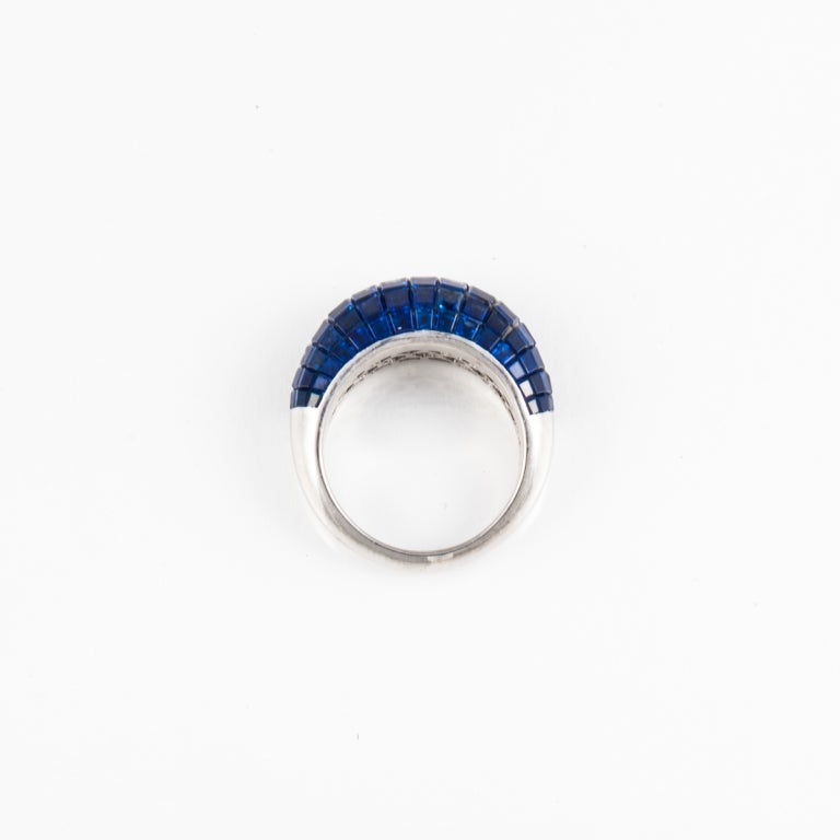 Square Cut Estate Invisible-Set Blue Sapphire Ring in Platinum For Sale