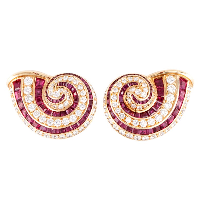 Tiffany & Co. Ruby and Diamond Shell Earrings in 18K Gold For Sale