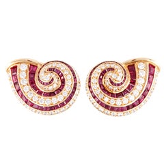 Tiffany & Co. 18K Yellow Gold Ruby and Diamond Shell Earrings