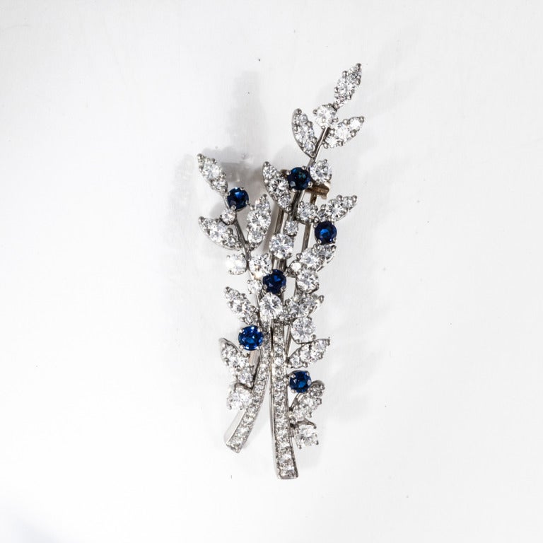 Tiffany & Co. platinum spray brooch featuring round brilliant-cut diamonds that total 4.25 carats, G-H color and VVS-VS clarity and round sapphires that total 1.25 carats.  The bracelet measures 1 inch by 2 1/2 inches.