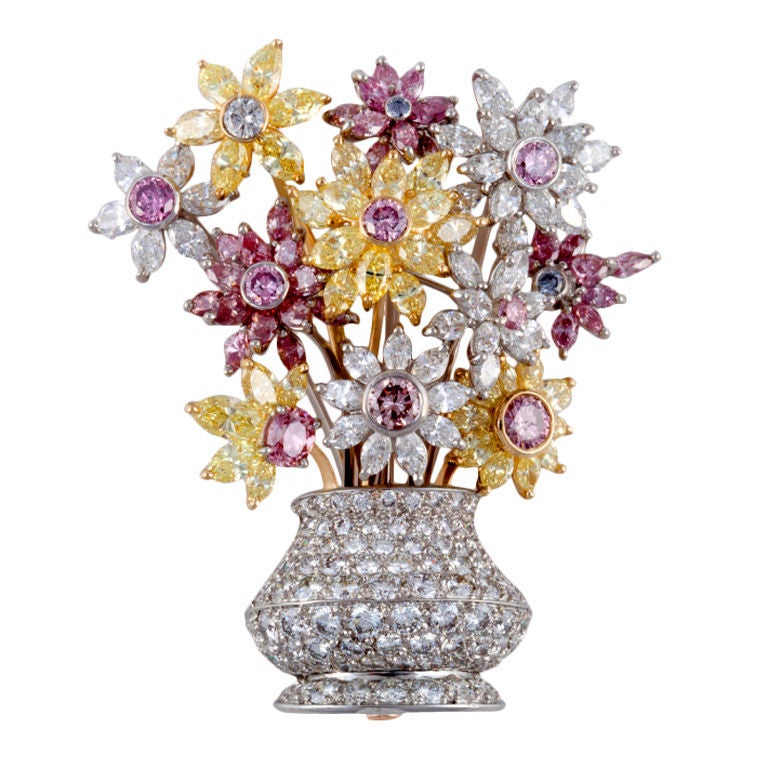 Natural Multi- Colored Diamond Flower Basket Brooch in Platinum