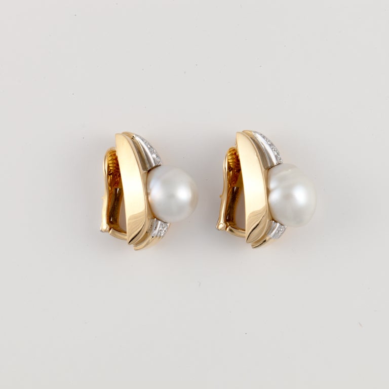 David Webb 18KT yellow gold, platinum, diamond and South Sea Cultured pearl earrings.  Signed:  WEBB 18KT PLAT