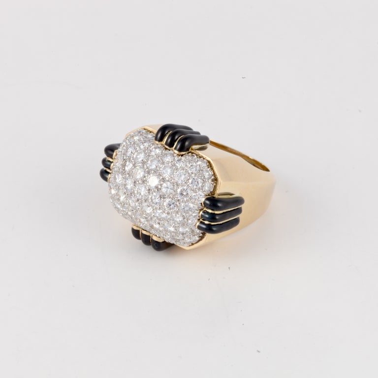DAVID WEBB 18KT yellow gold, platinum, diamond, and black enamel dome ring.  Total Diamonds are approx. 3.35 carats.

Size - 7.5

Signed - WEBB 18KT Plat