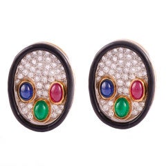 Enamel Colored Stone Diamond Gold Platinum Earrings 11