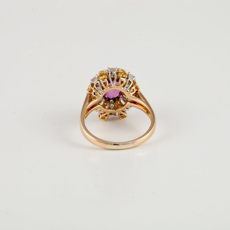 Oval Cut Oscar Heyman Oval Pink Sapphire Yellow and White Diamond Ring For Sale