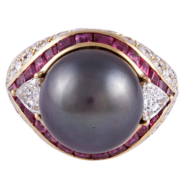 18K Yellow Gold Cultured Tahitian Pearl Diamond and Ruby Ring For Sale