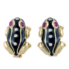DAVID WEBB Gold, Enamel, Diamond, & Ruby Frog Ear Clips 10