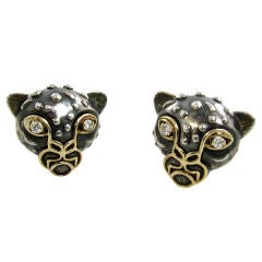 BOIVIN Oxidized Silver Yellow Gold and Diamond Leopard Earrings