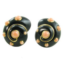 VERDURA Black Onyx, Coral and Gold "Shell" Earrings.