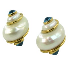 SEAMAN SCHEPPS Aquamarine, Gold "Turbo Shell" Earrings.