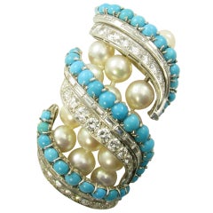 A Chic Platinum, Diamond, Turquoise and Pearl Bracelet